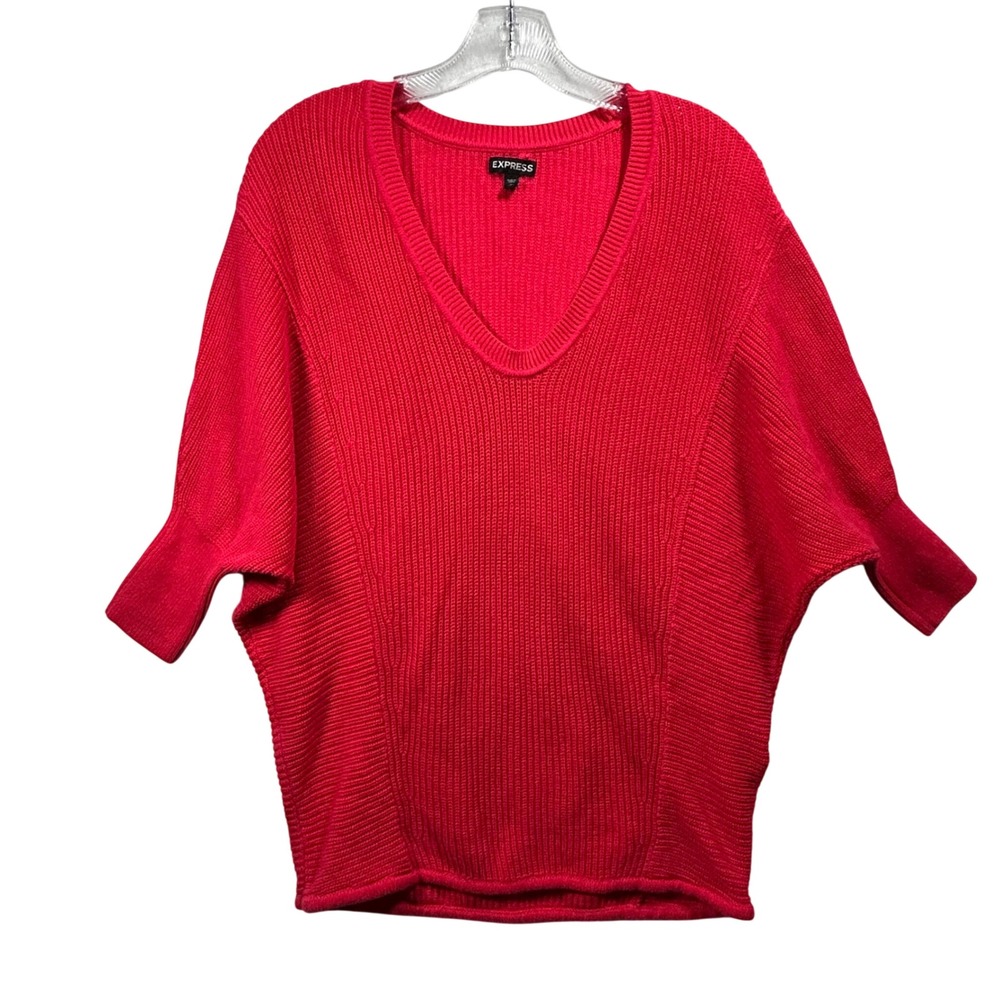 Express Womens Red‎ Cotton Shaker Stitch Dolman Sleeve V-Neck Sweater Size S P